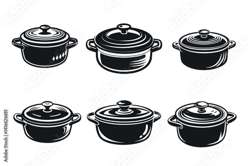 Six variations of vintage style cooking pots or casserole dishes with lids