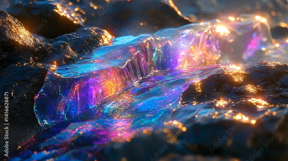 Glowing Crystal Formation on Dark Rocks Reflecting Vibrant Rainbow Light Glowing Crystal Formation on Dark Rocks Reflecting Vibrant Rainbow Light