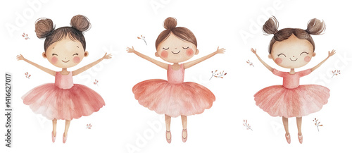 Jumping ballerina girls with smile. Children's watercolor illustration set. Isolated clipart with clear even edge on transparent background