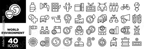 WORLD ENVIRONMENT icon set with various styles and colors Microplastics, Scarcity , Office , Restoration , Sea level, Money, Endangered, Overpopulation, Bycicle, Natural resources,