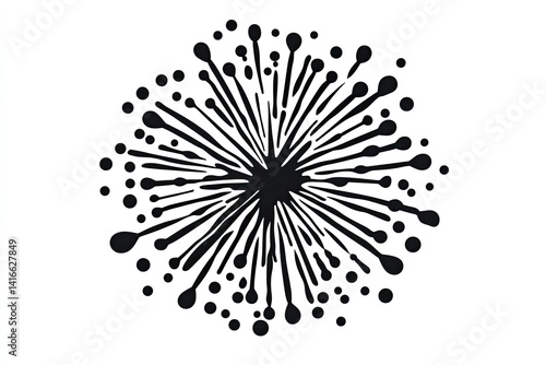 Abstract black ink splatter design, radiating outwards from central point.  Circular, symmetrical pattern