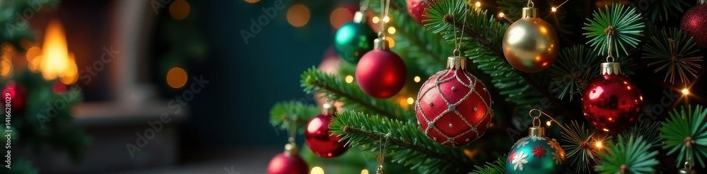 Fototapeta premium Ornate Christmas tree with colorful ornaments, festive garland , green, traditional, glitter