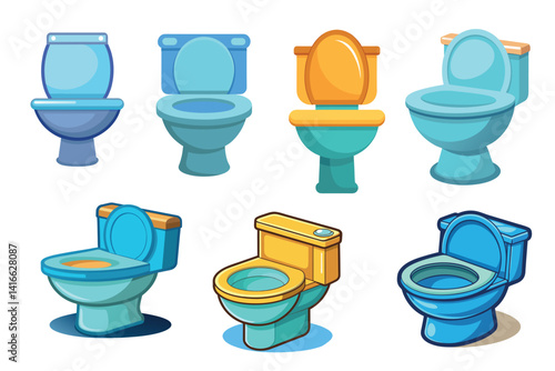 Collection of colorful cartoon toilet bowls in various designs and shapes