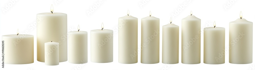 Assortment of off-white cylindrical candles of varying heights Assortment of off-white cylindrical candles of varying heights