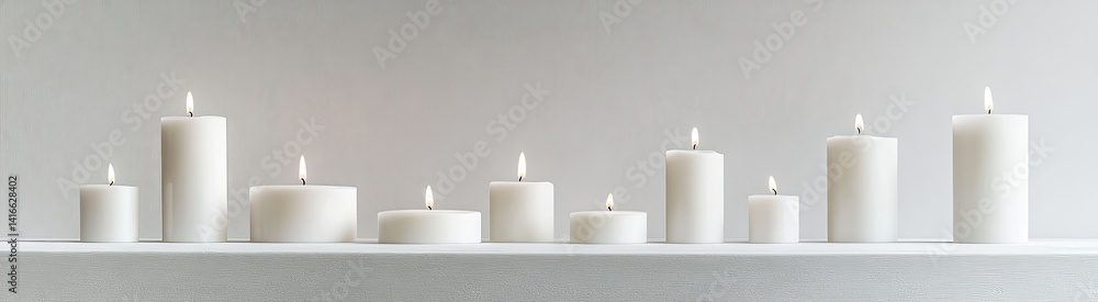 A row of burning white candles of varying heights and widths arranged on a light grey surface against a plain white background A row of burning white candles of varying heights and widths arranged on a light grey surface against a plain white background