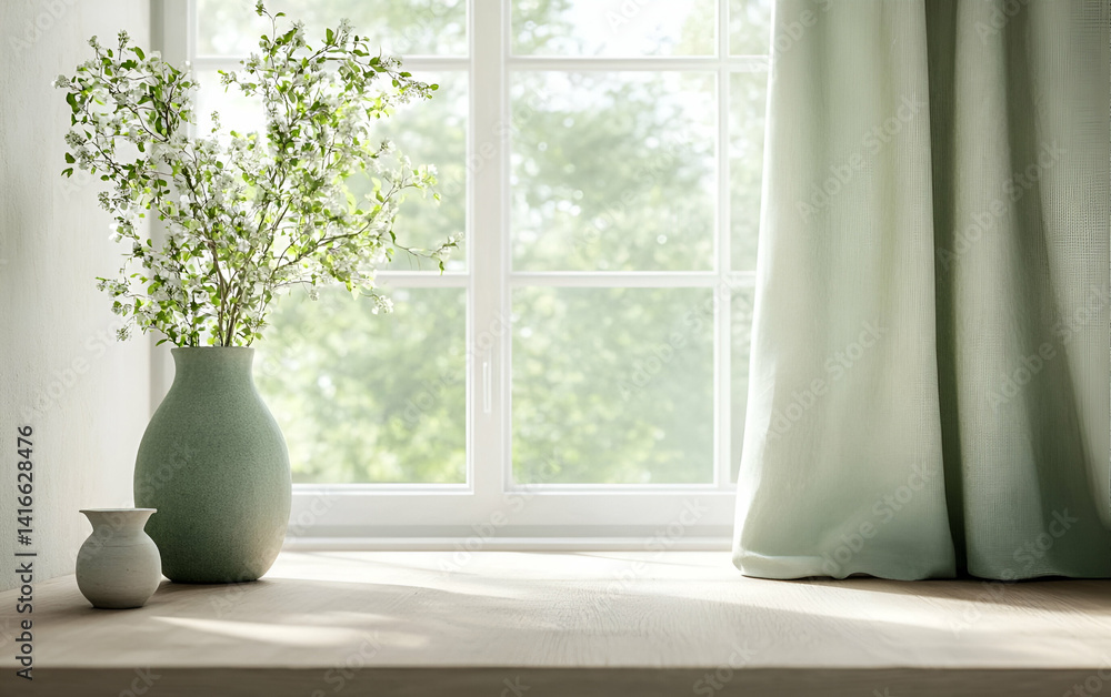 Fototapeta premium A serene interior scene featuring a vase with greenery by a large window, sunlight streaming through soft curtains.
