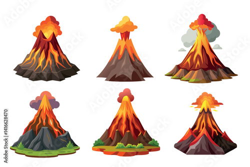 Collection of Vector Cartoon Illustrations Showcasing Various Styles of Volcano Eruptions