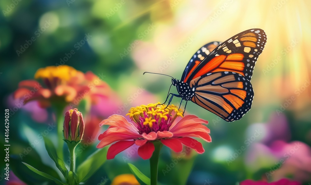 Monarch butterfly perched on vibrant flower in sunlit garden setting Monarch butterfly perched on vibrant flower in sunlit garden setting