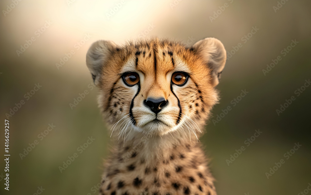 Obraz premium A stunning close-up of a cheetah cub, showcasing its expressive eyes and distinct spots against a blurred nature backdrop.