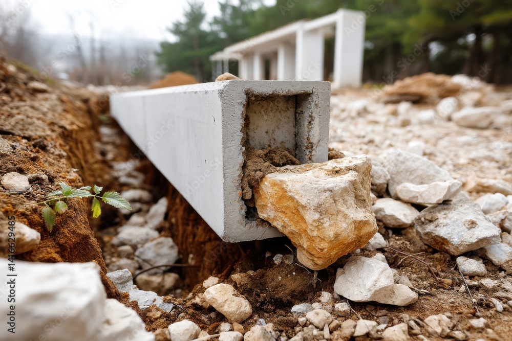 Construction of a foundation in a rural area showcasing concrete and natural elements during a cloudy day Construction of a foundation in a rural area showcasing concrete and natural elements during a cloudy day