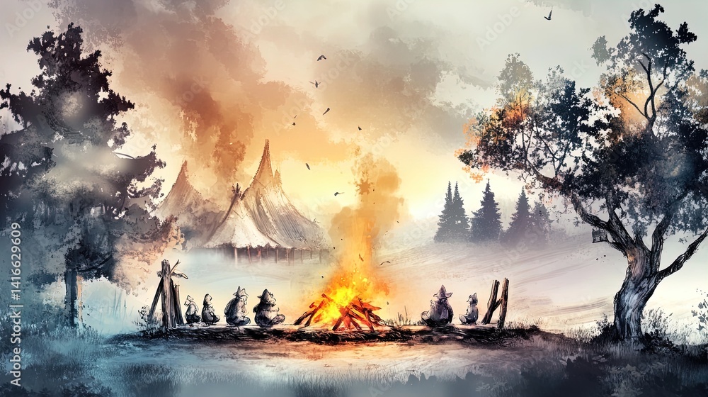 Fototapeta premium unity in action: a peaceful gathering by the bonfire, sharing stories of hope and change – perfect for inspiring sports interior poster