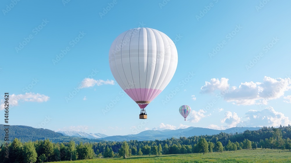 Naklejka premium Pastel hot air balloon soaring above scenic landscape freedom adventure travel