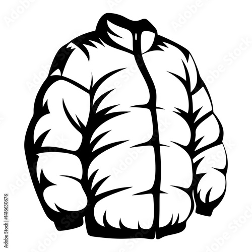 Monochrome graphic of a warm winter puffer jacket for cold weather