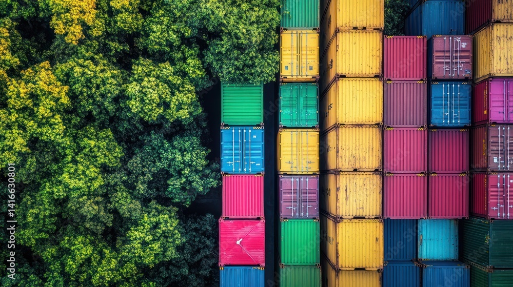 Obraz premium aerial juxtaposition of stacked cargo containers in vibrant colors bordering a lush green forest conveying themes of logistics, sustainability, and contrasting landscapes