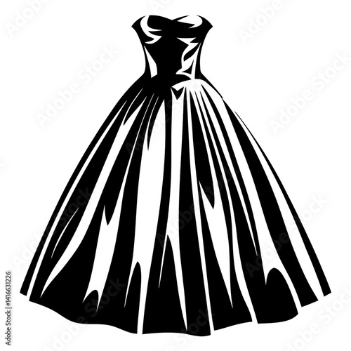 Elegant black and white strapless dress with a flowing, voluminous skirt