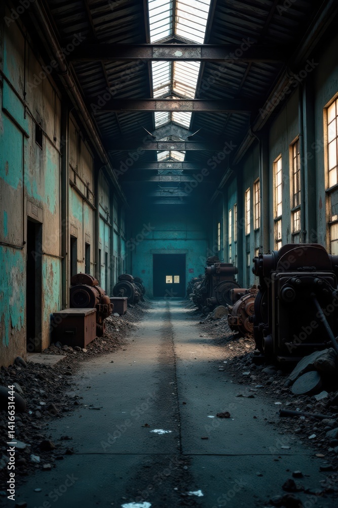 Mysterious abandoned warehouse at dusk with peeling walls and rusty machinery, texture, urban Mysterious abandoned warehouse at dusk with peeling walls and rusty machinery, texture, urban