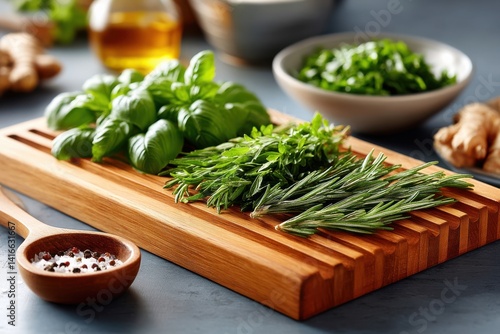 Fresh herbs and spices arranged on a wooden cutting board in a cozy kitchen setting at midday