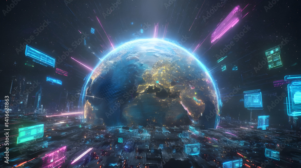 Transparent Globe with Digital Data and Purple Energy Nodes Transparent Globe with Digital Data and Purple Energy Nodes