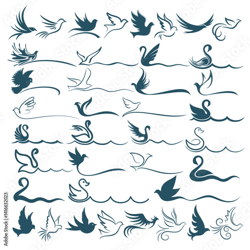 The big set of stylized birds symbols.