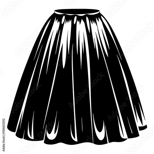 Black and white illustration of a flowing, voluminous skirt with many folds