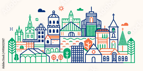 Fairy tale city and castle vector illustration with vintage houses and towers