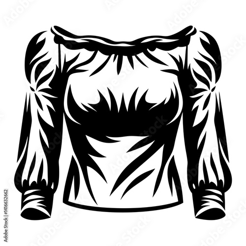 Stylized black and white blouse with long sleeves and ruffled neckline