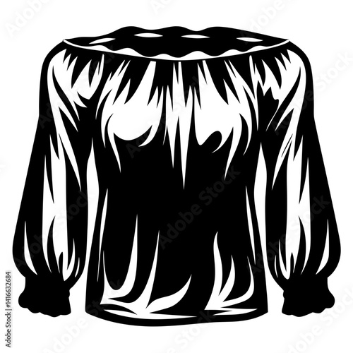 Stylized Black and White Illustration of a Long Sleeved Blouse with Ruffles
