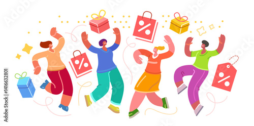 Women are happy with discounts in store. Sale advertising banner. Shopping, people buy things