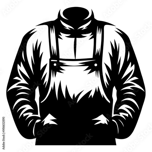 Bold abstract monochrome depiction of a work shirt with overall straps