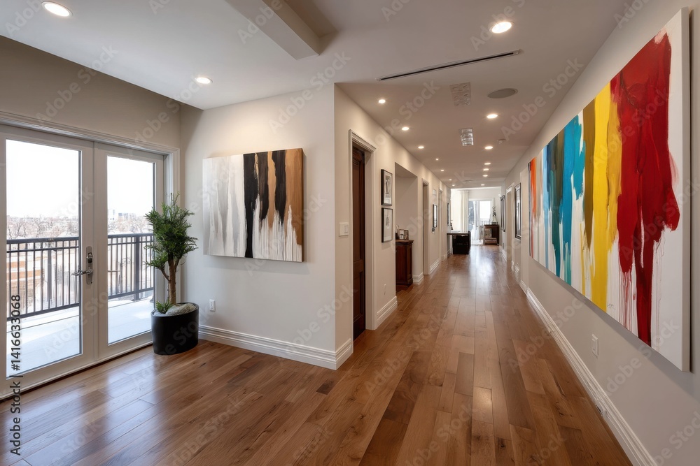 Modern hallway featuring vibrant artwork and natural light in a spacious contemporary home Modern hallway featuring vibrant artwork and natural light in a spacious contemporary home