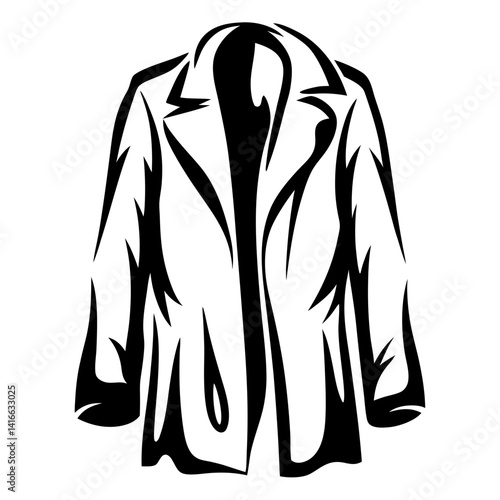 Stylized depiction of an open coat with wide lapels and bold linework