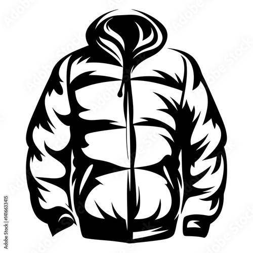 Black and white vector illustration of a hooded puffer coat design