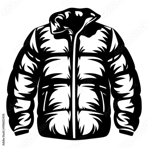 Black and White Vector Illustration of a Winter Puffer Jacket with Hood