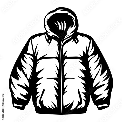 Monochrome illustration of a hooded winter puffer jacket, perfect for cold weather