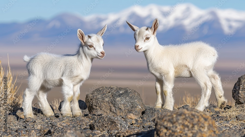 Fototapeta premium Two white goat kids atop rocks, mountains blurred in the background, serene