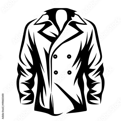 Black and White Stylized Illustration of a Classic Double Breasted Trench Coat