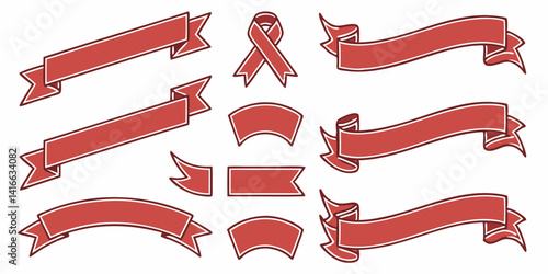 A vector set features red and white ribbons, banners, and scrolls for festive decorations and award labels