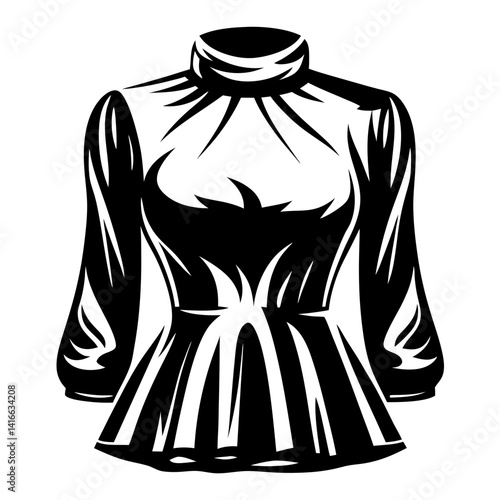 Black and white fashion illustration of a long sleeved blouse with ruffles
