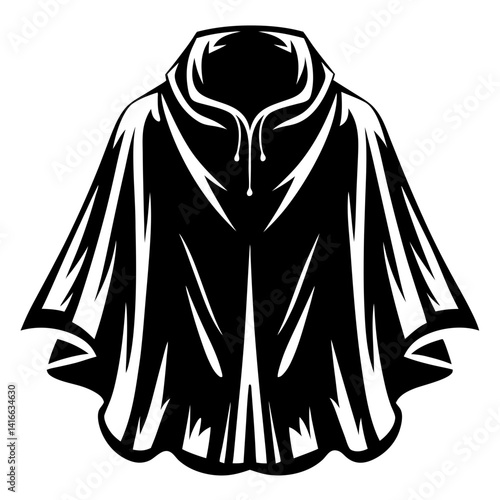 Black and White Illustration of a Stylish Hooded Poncho with Bold Lines
