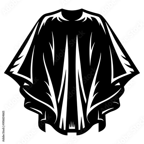 Stylized black and white poncho or cape image with abstract designs