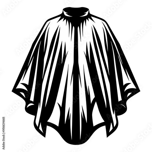 Stylized black and white poncho illustration with dramatic folds and deep shadows