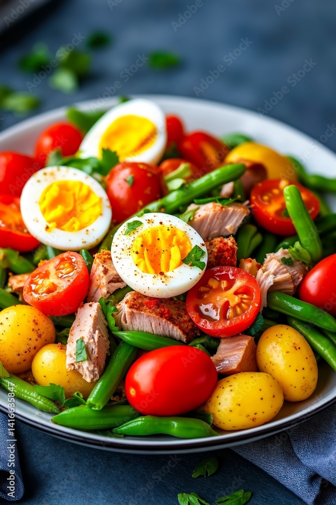 A white plate topped with a salad of tuna, tomatoes, green beans, and hard boiled eggs A white plate topped with a salad of tuna, tomatoes, green beans, and hard boiled eggs