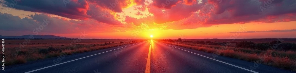 Naklejka premium Empty asphalt road vanishing into a vibrant sunset sky , twilight, drive, color