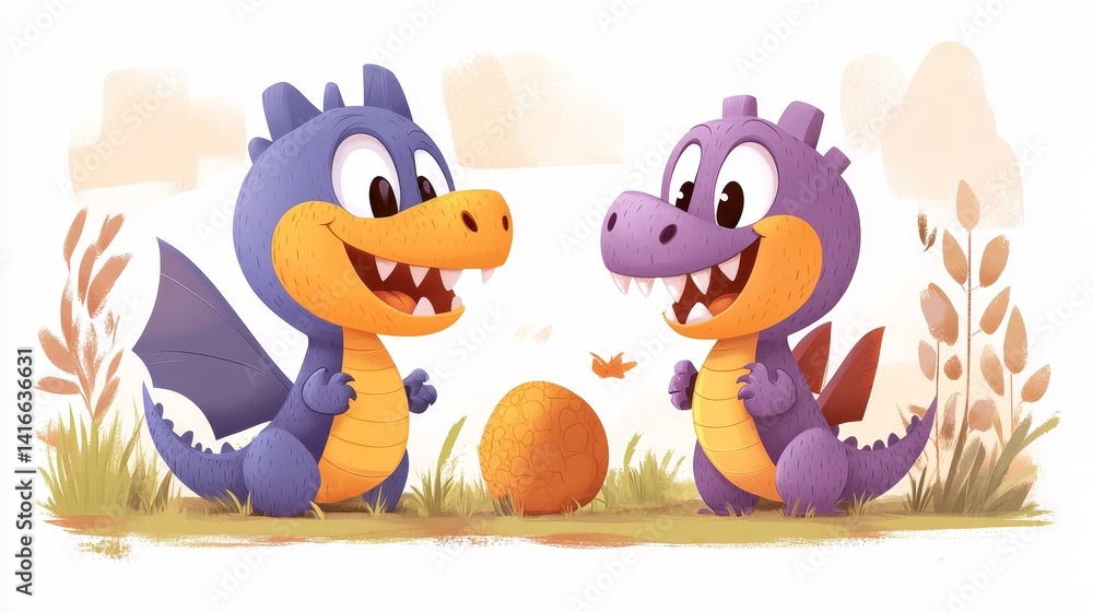 Obraz premium Enchanting pair of cartoon dragons safeguarding a speckled egg amidst whimsical foliage in a storybook illustration style for children