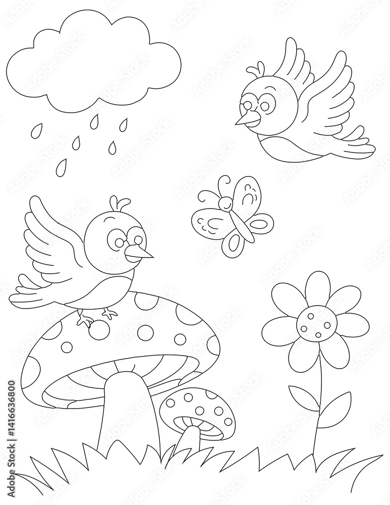 Whimsical nature colouring page with cartoon birds, mushroom, flower, butterfly, and cloud in playful line art style Whimsical nature colouring page with cartoon birds, mushroom, flower, butterfly, and cloud in playful line art style