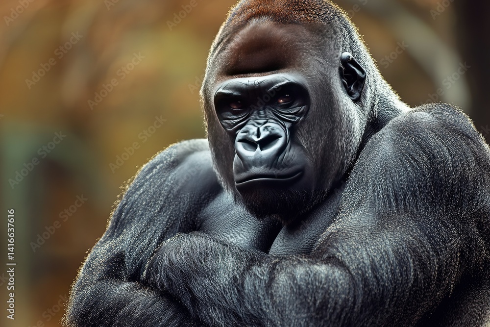 Obraz premium A powerful gorilla, its muscular arms crossed, exuding strength and wisdom