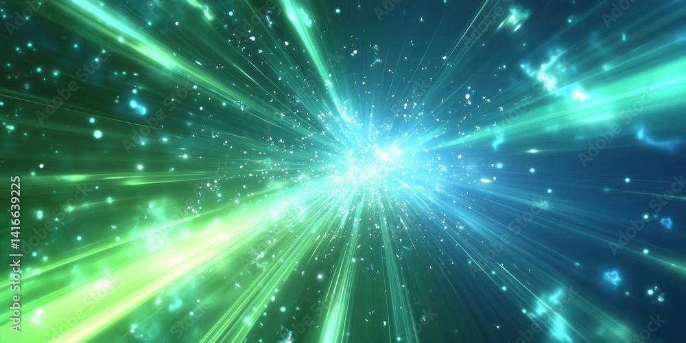 Colorful light burst with particles and rays in blue and green tones Colorful light burst with particles and rays in blue and green tones