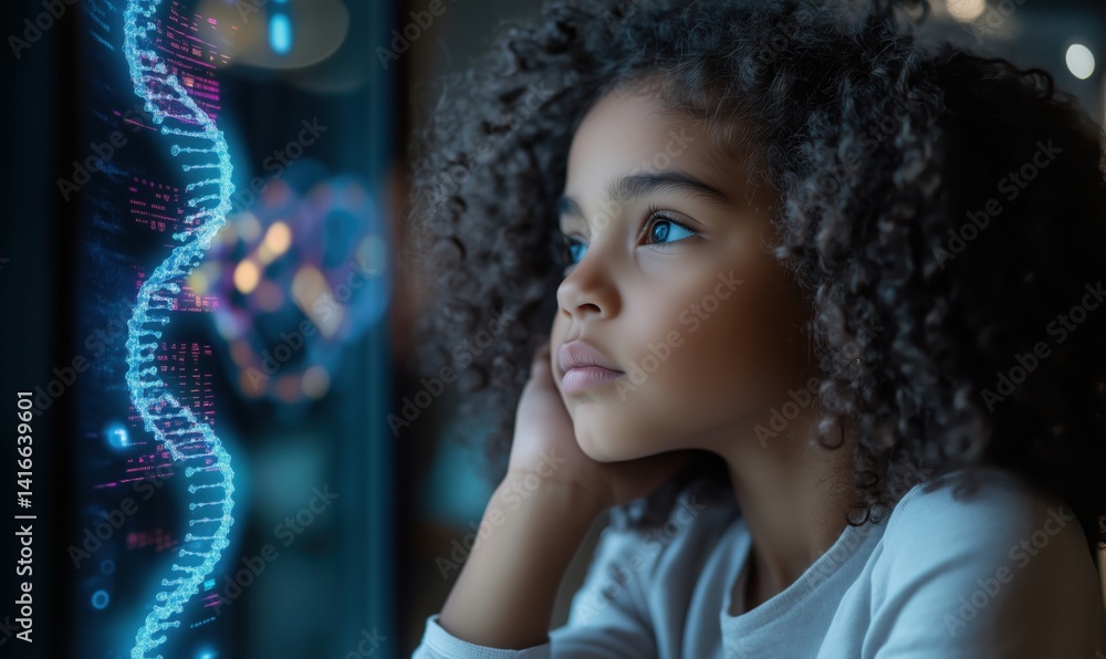 Young girl contemplating future of genetics and biotechnology with DNA visualization