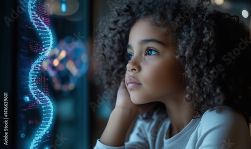 Obraz na płótnie Young girl contemplating future of genetics and biotechnology with DNA visualization w salonie