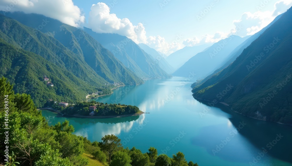 Fototapeta premium Expansive Asian mountain vista, winding river leads to serene lake, light, hills